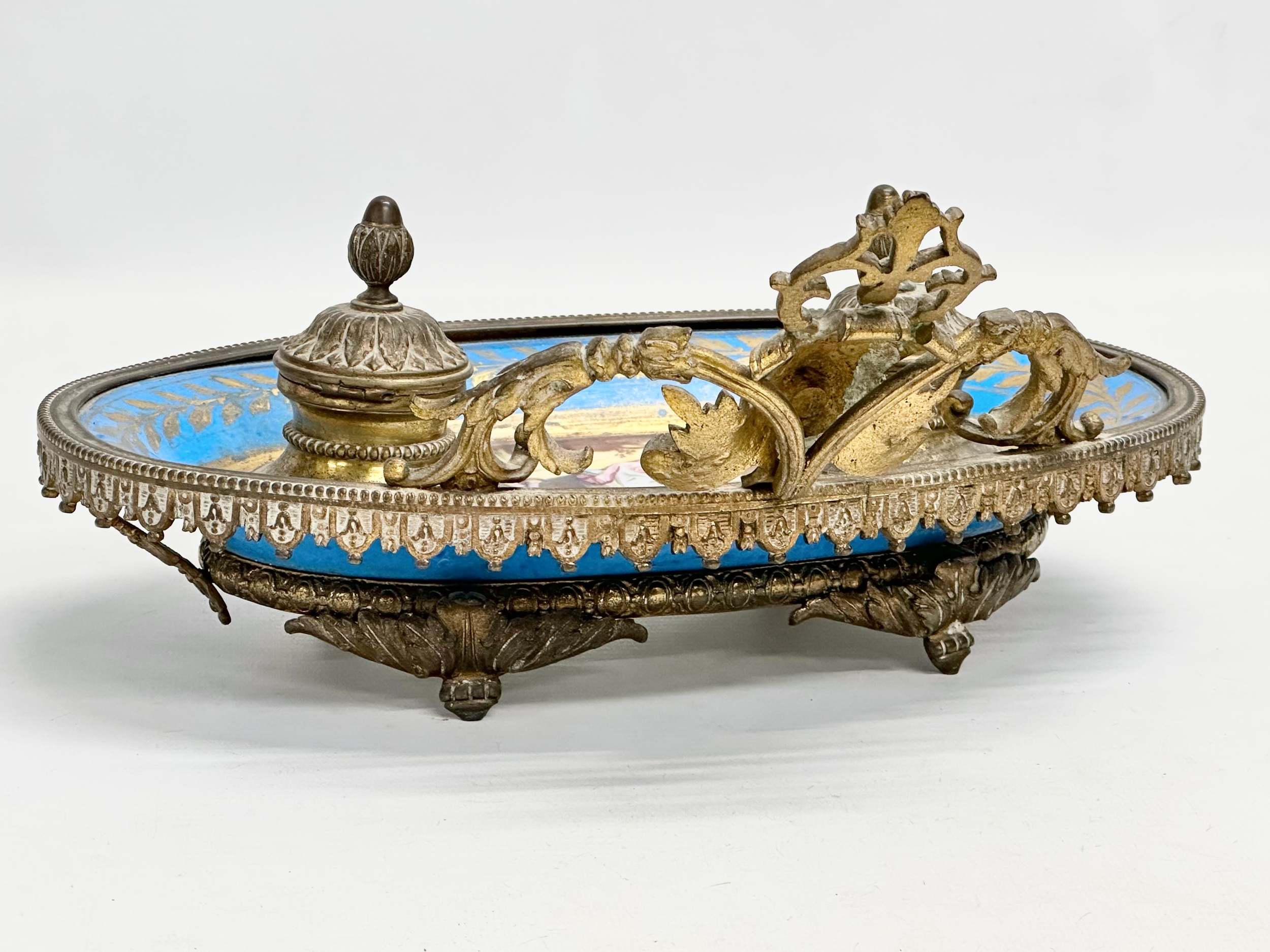 A late 19th century French ornate brass framed inkwell stand with hand painted porcelain bowl. - Image 8 of 12