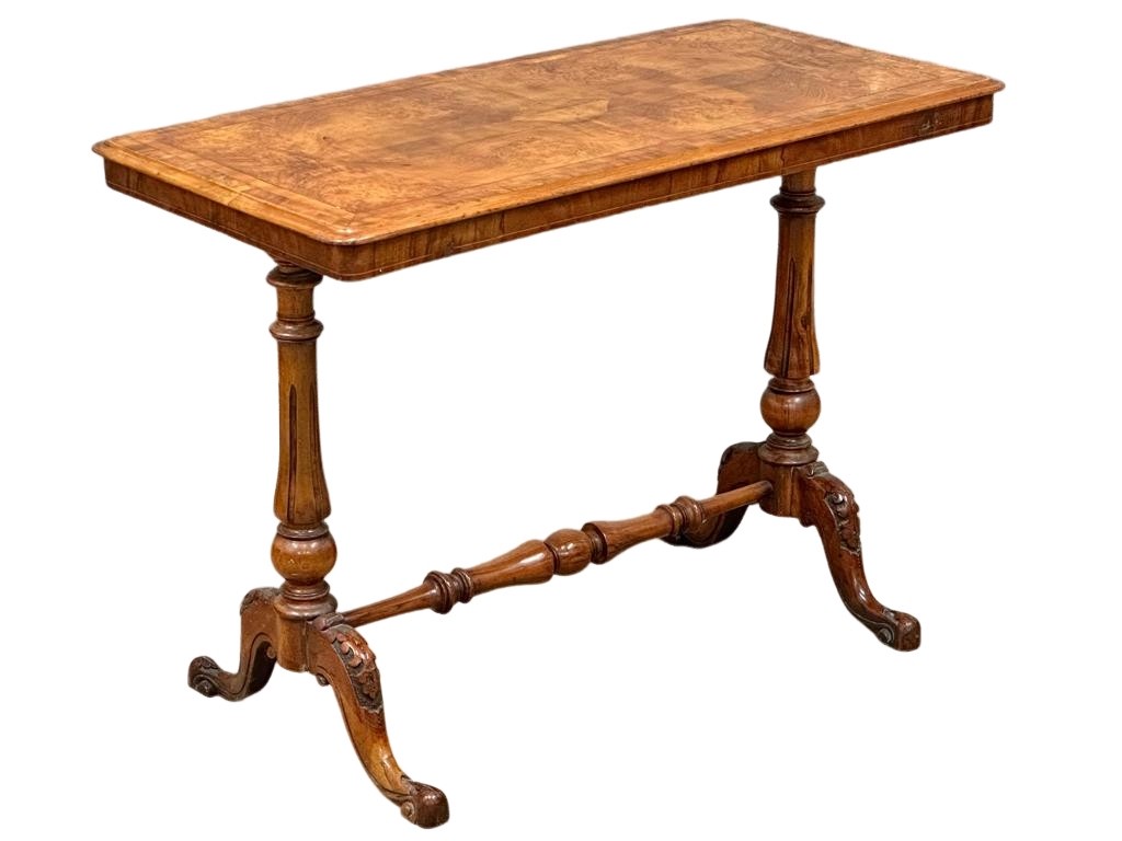 A Victorian walnut library table/side table on carved cabriole legs with stretcher support. Circa - Image 4 of 7