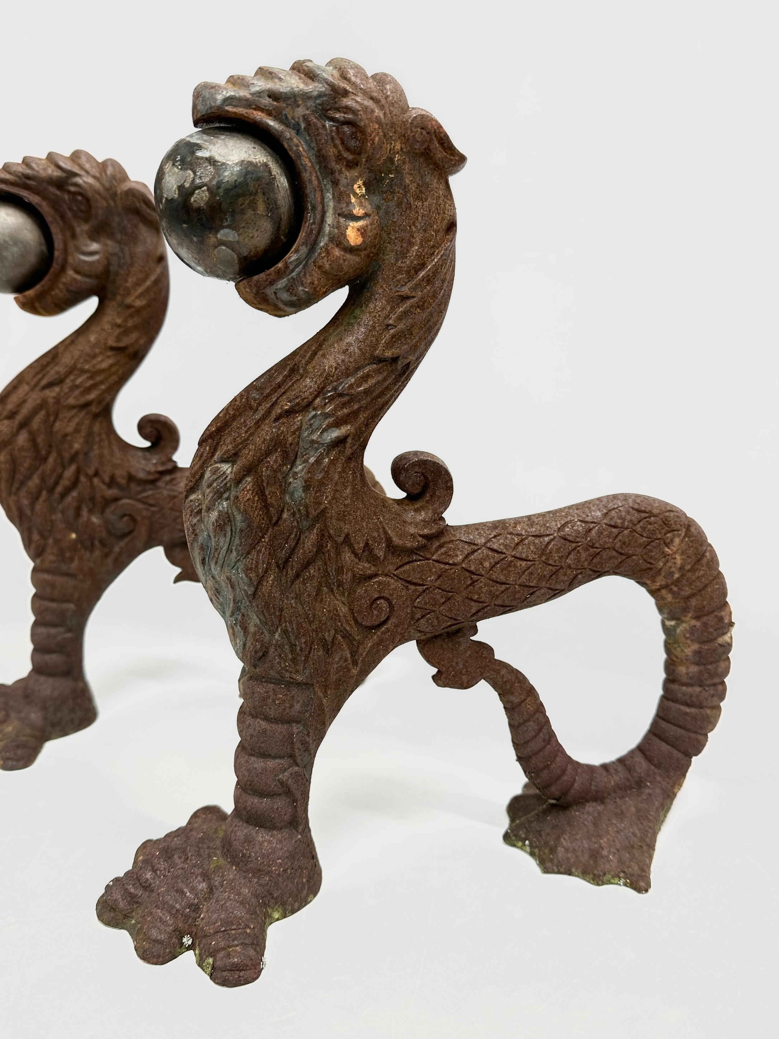 A pair of early/mid 19th century cast iron ‘Sea Lion’ andirons. 23x26cm - Image 2 of 8