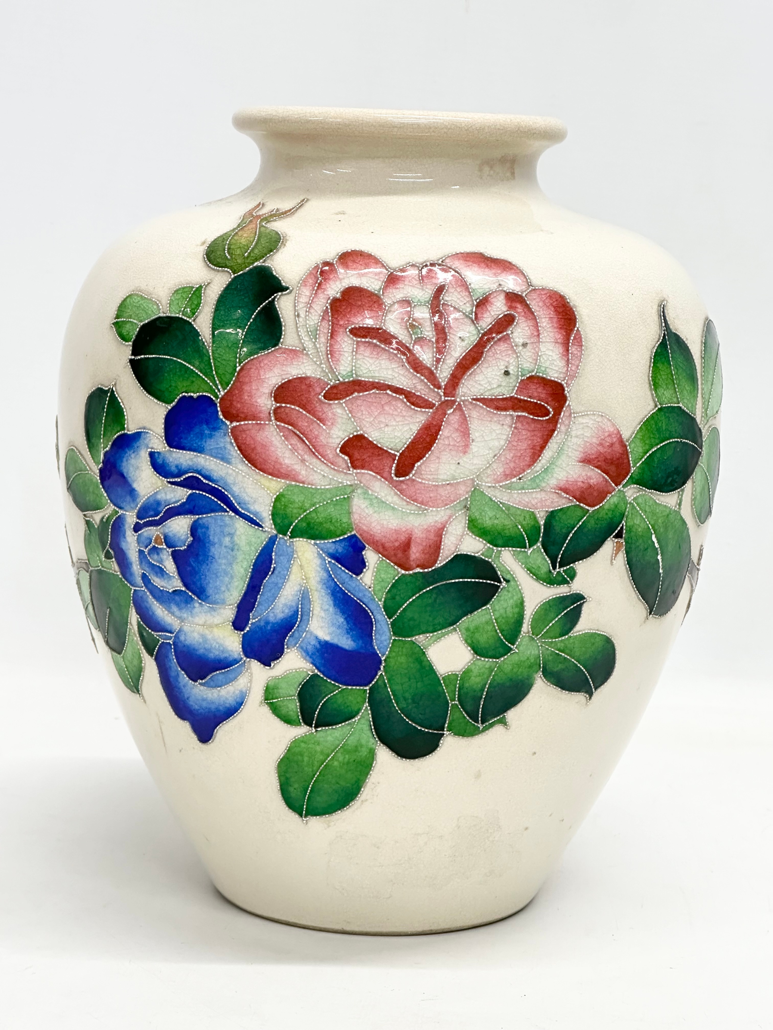 A large crackle glazed pottery vase with enamelled flower decoration. Early/Mid 20th century. - Image 3 of 5