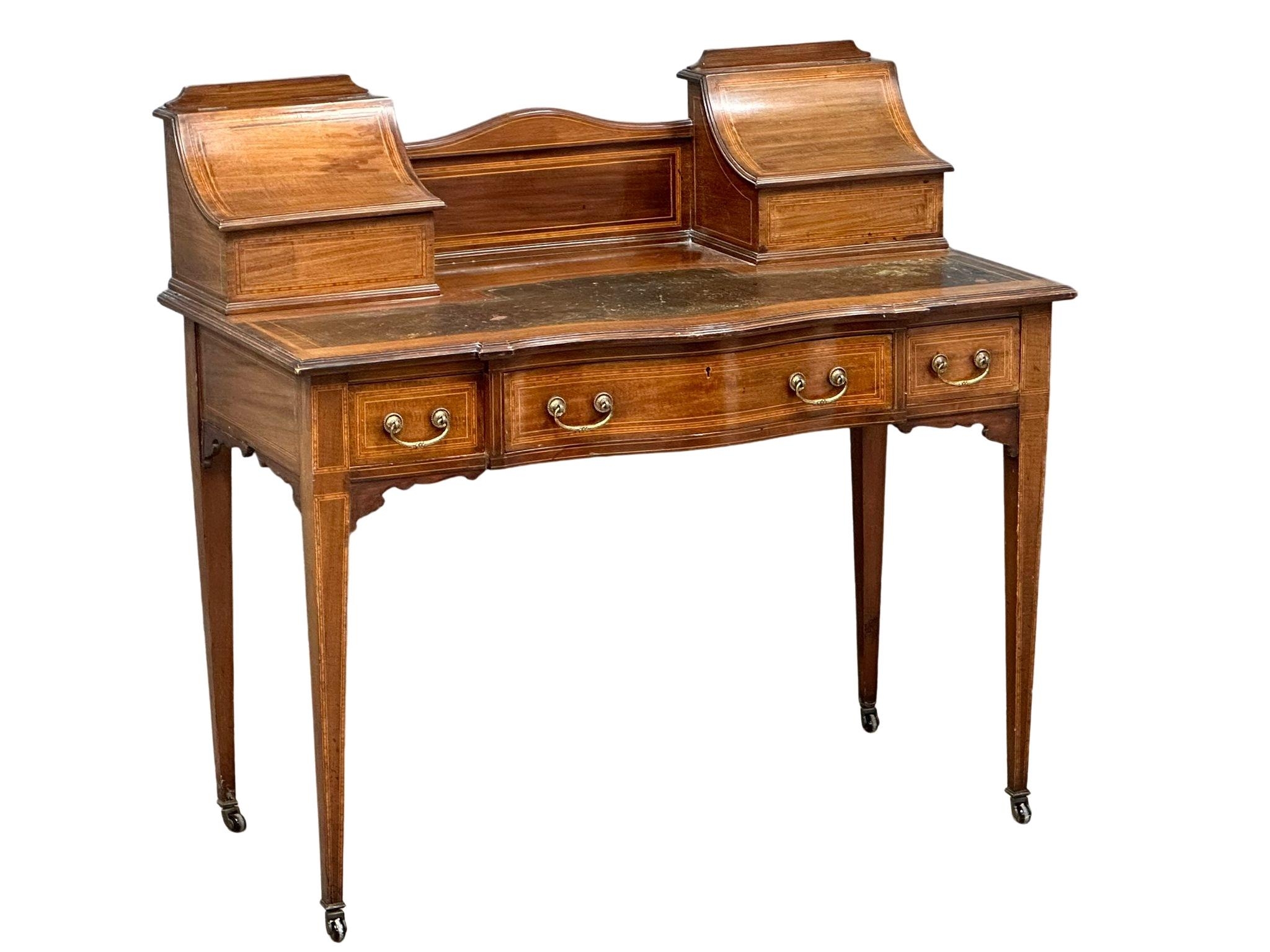 An early 20th century Sheraton Revival inlaid mahogany writing desk with leather top and 3 - Image 7 of 7