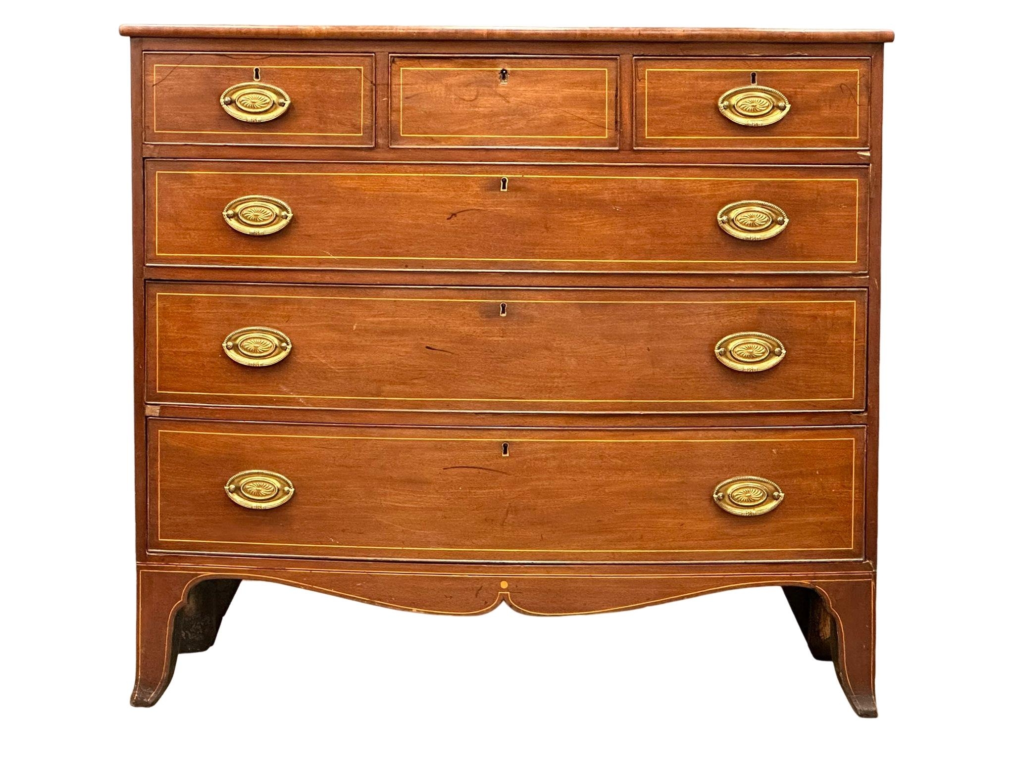 A George IV Inlaid mahogany box front chest of drawers with brass drop handles on splayed feet. - Image 8 of 8