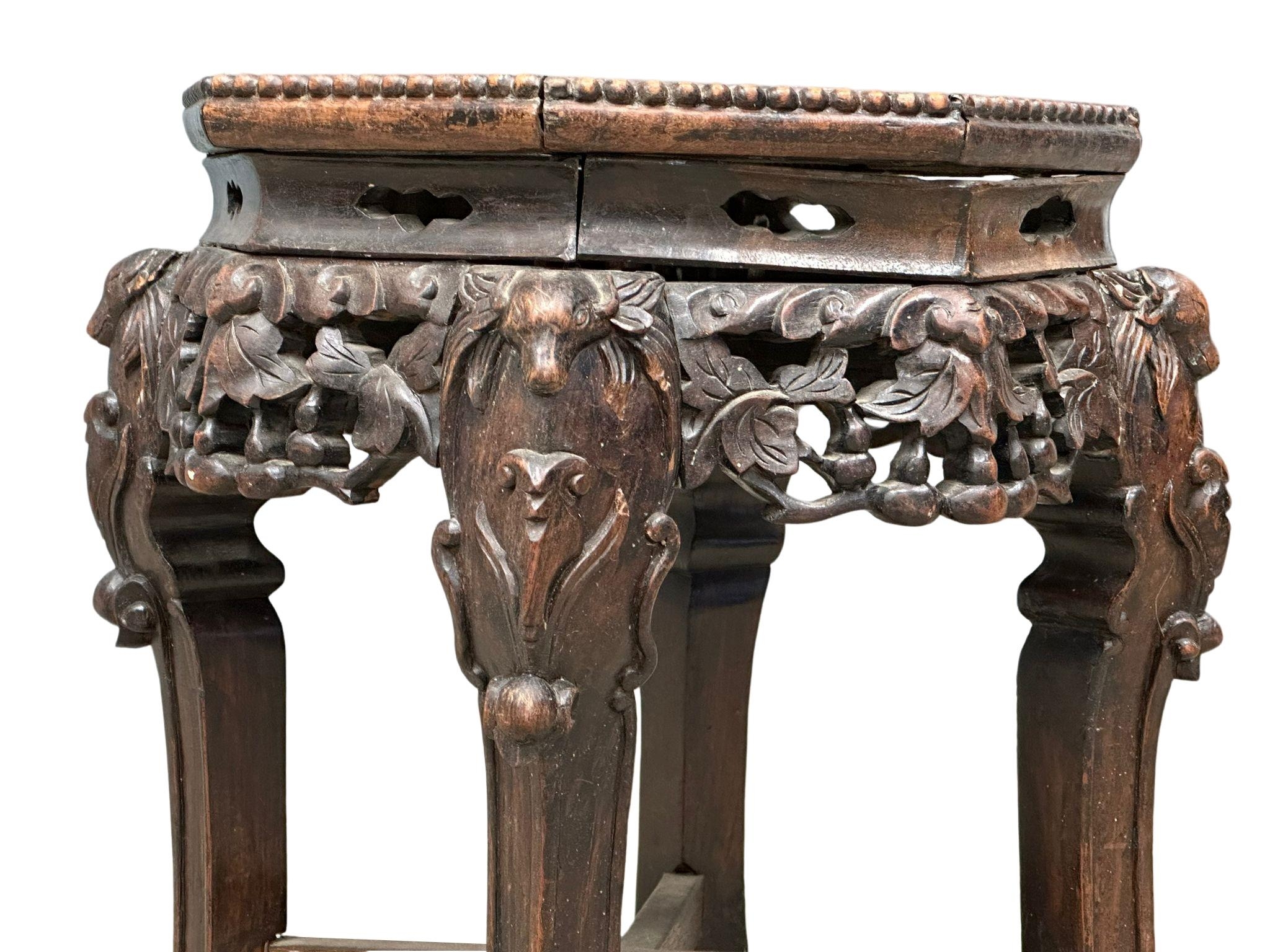A late 19th century Burmese carved Padauk jardiniere stand/lamp table with marble top. 42x44.5cm - Image 2 of 4