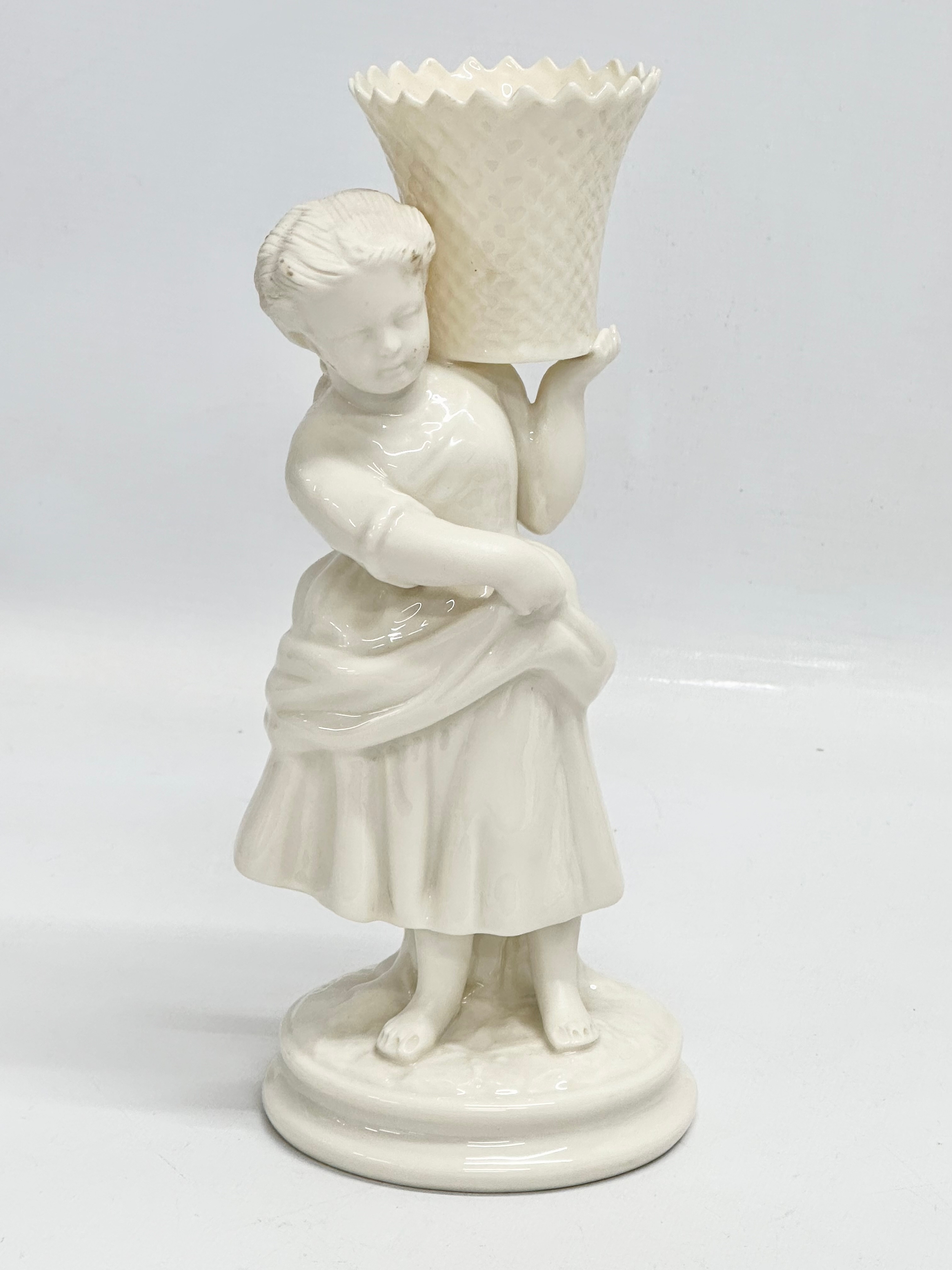 A pair of Belleek Pottery ‘Basket Carrier’ figurines. Girl basket Bearer, Boy Basket Bearer. 21.5cm - Image 3 of 5