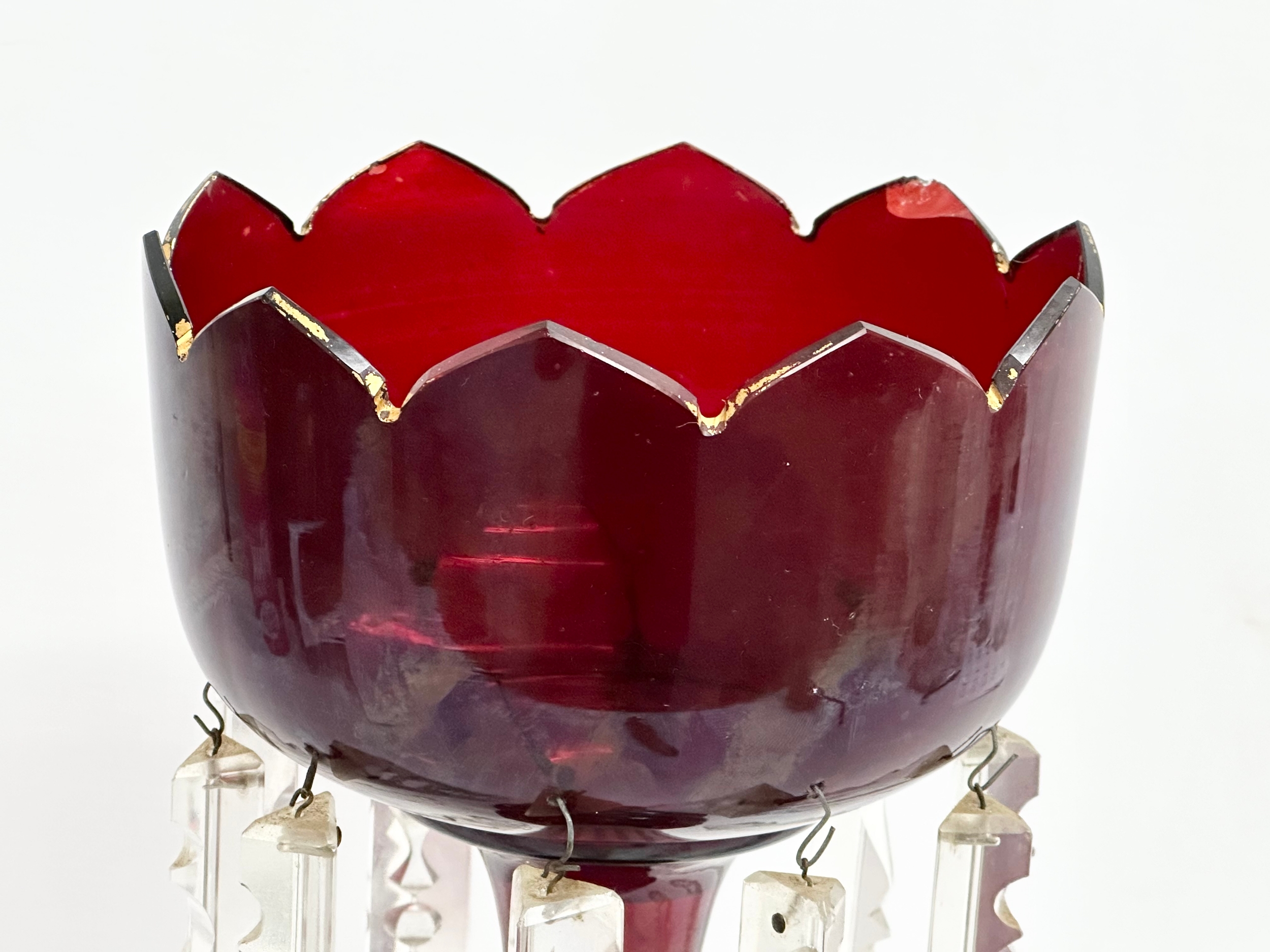 A large Victorian Ruby Glass lustre with cut glass droplets. 16x35cm - Image 2 of 4