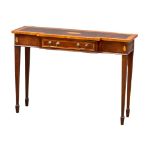 A Sheraton Revival Inlaid mahogany breakfront console table with satin wood cross banding. With a