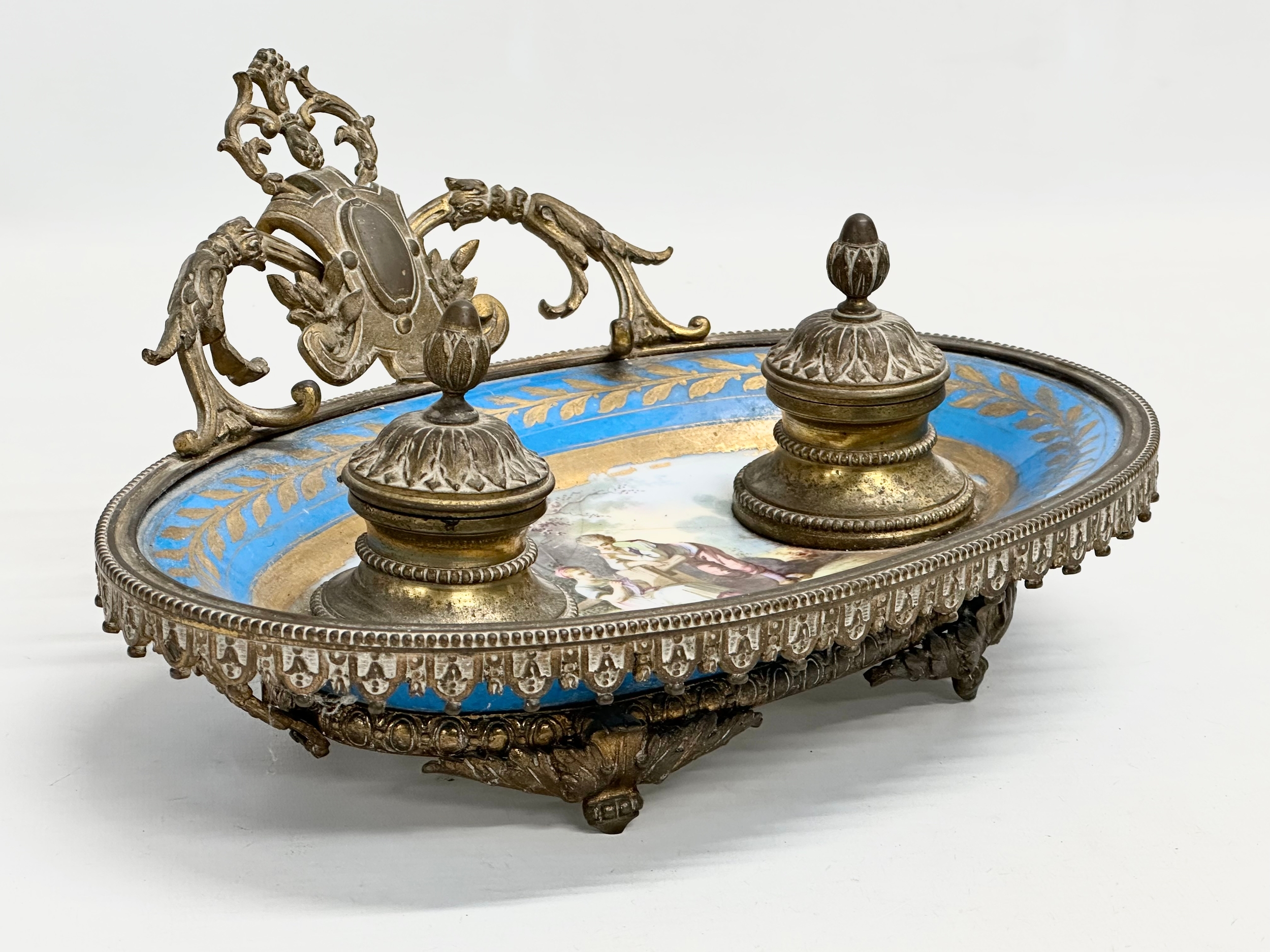 A late 19th century French ornate brass framed inkwell stand with hand painted porcelain bowl. - Image 4 of 12