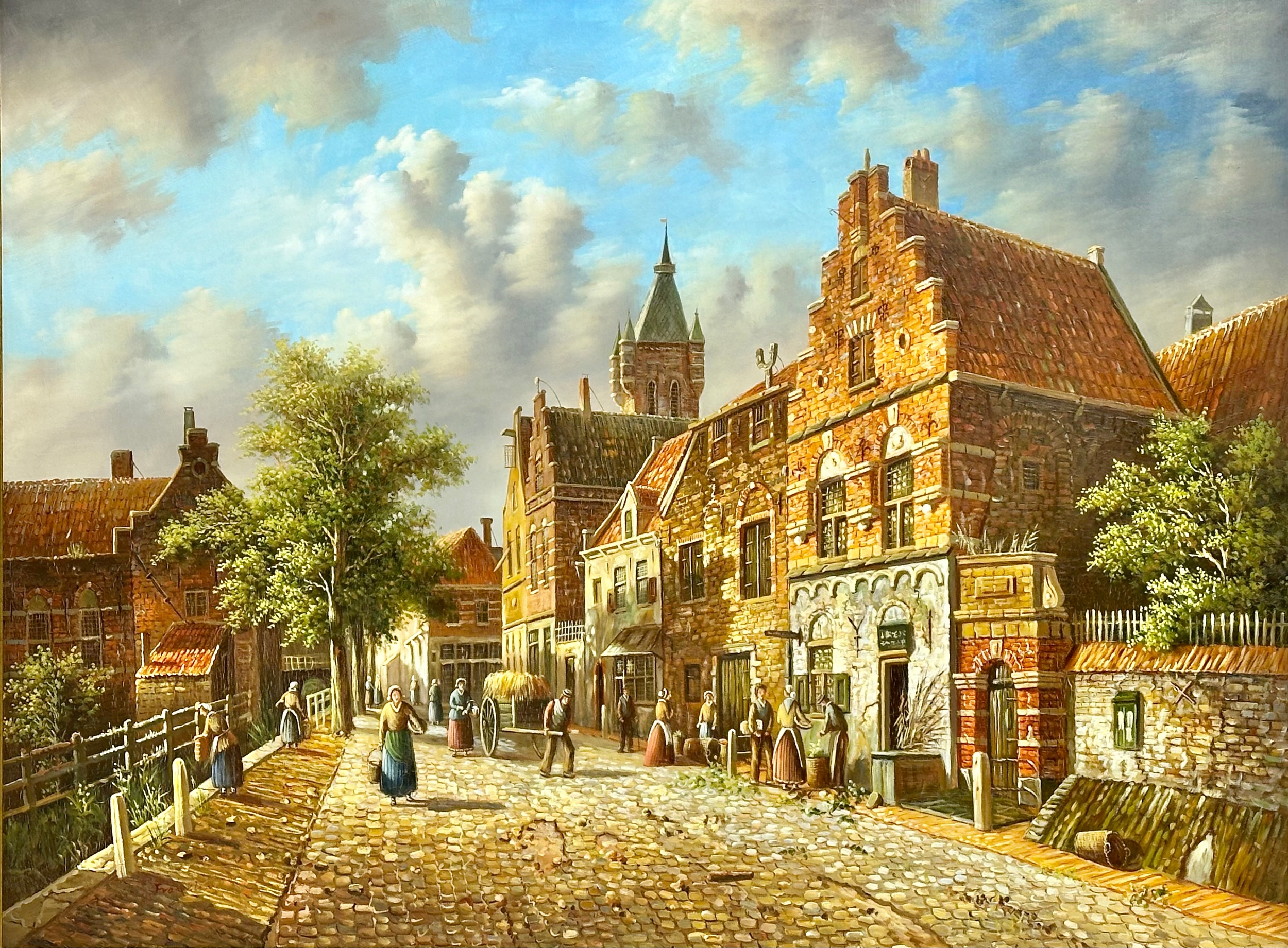 A large oil painting on board by Franklin. Dutch Street Scence. 101x75.5cm. Frame 121x96cm