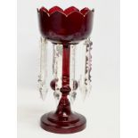 A large Victorian Ruby Glass lustre with cut glass droplets. 16x35cm