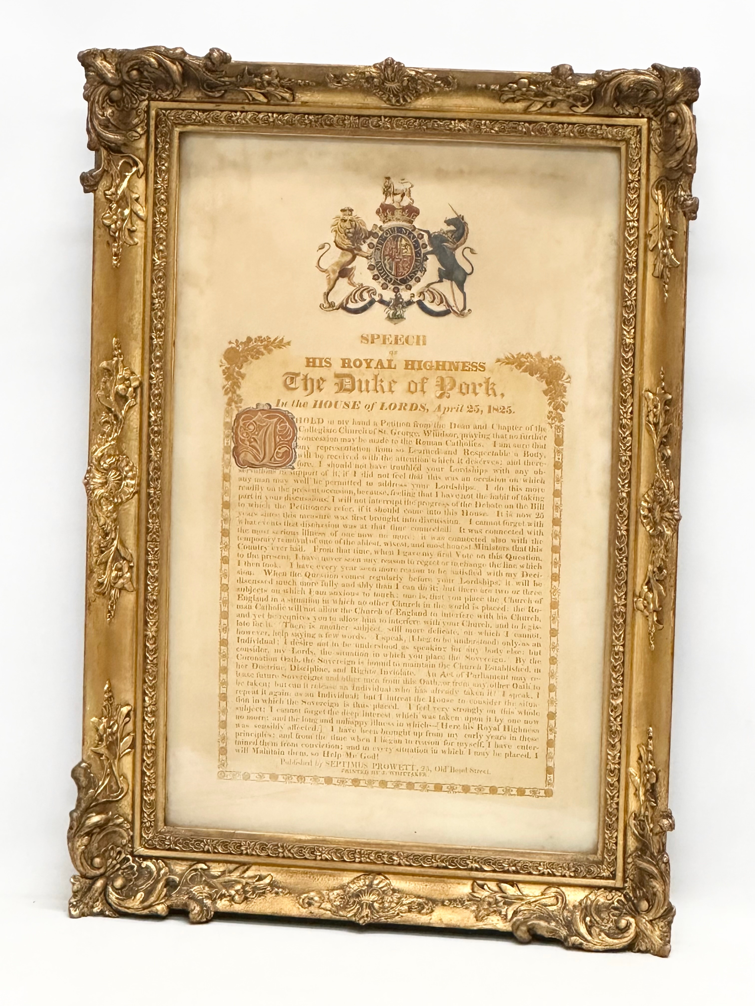 An early 19th century Speech of His Royal Highness Prince Frederick The Duke of York, in the House