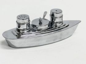 A rare 1930’s Art Deco chrome Steamship Cruet Set with original Bristol Blue liners and spoon. 20.