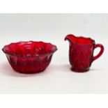 An early 20th century ‘Little Jewel’ pressed Ruby Glass milk jug and bowl by Imperial Glass Company.