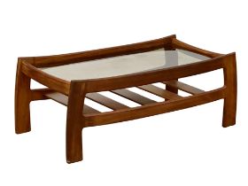 A G-Plan "Brazilia" Mid Century teak coffee table with smoked glass top, 104cm x 53cm x 39cm