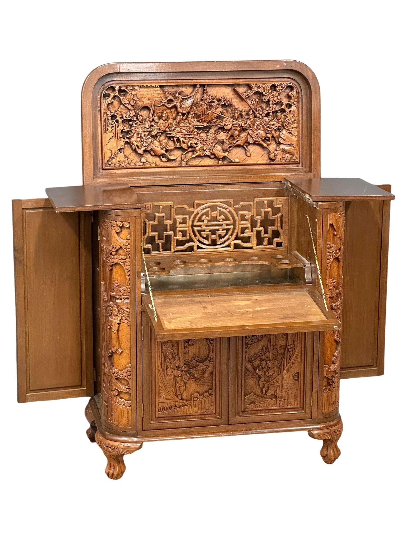 A vintage Chinese style carved teak folding cocktail bar. Closed 91x48x107cm - Image 8 of 14