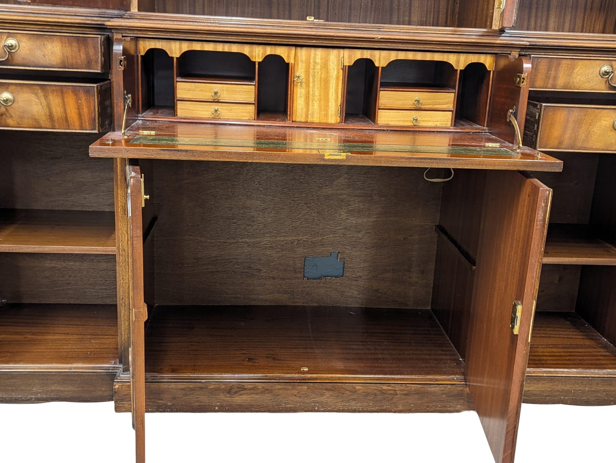 A large Georgian style mahogany secretaire breakfront bookcase with astragal glazed doors and - Image 5 of 10