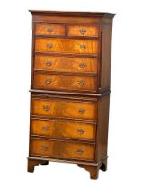 A George III style mahogany tallboy chest on chest with leather top brushing slide, 74cm x 43cm x