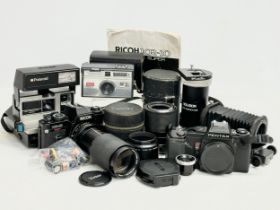 A collection of vintage cameras and lenses. Ricoh KR-10 Super camera, Pentax A3 camera, Polaroid Sun