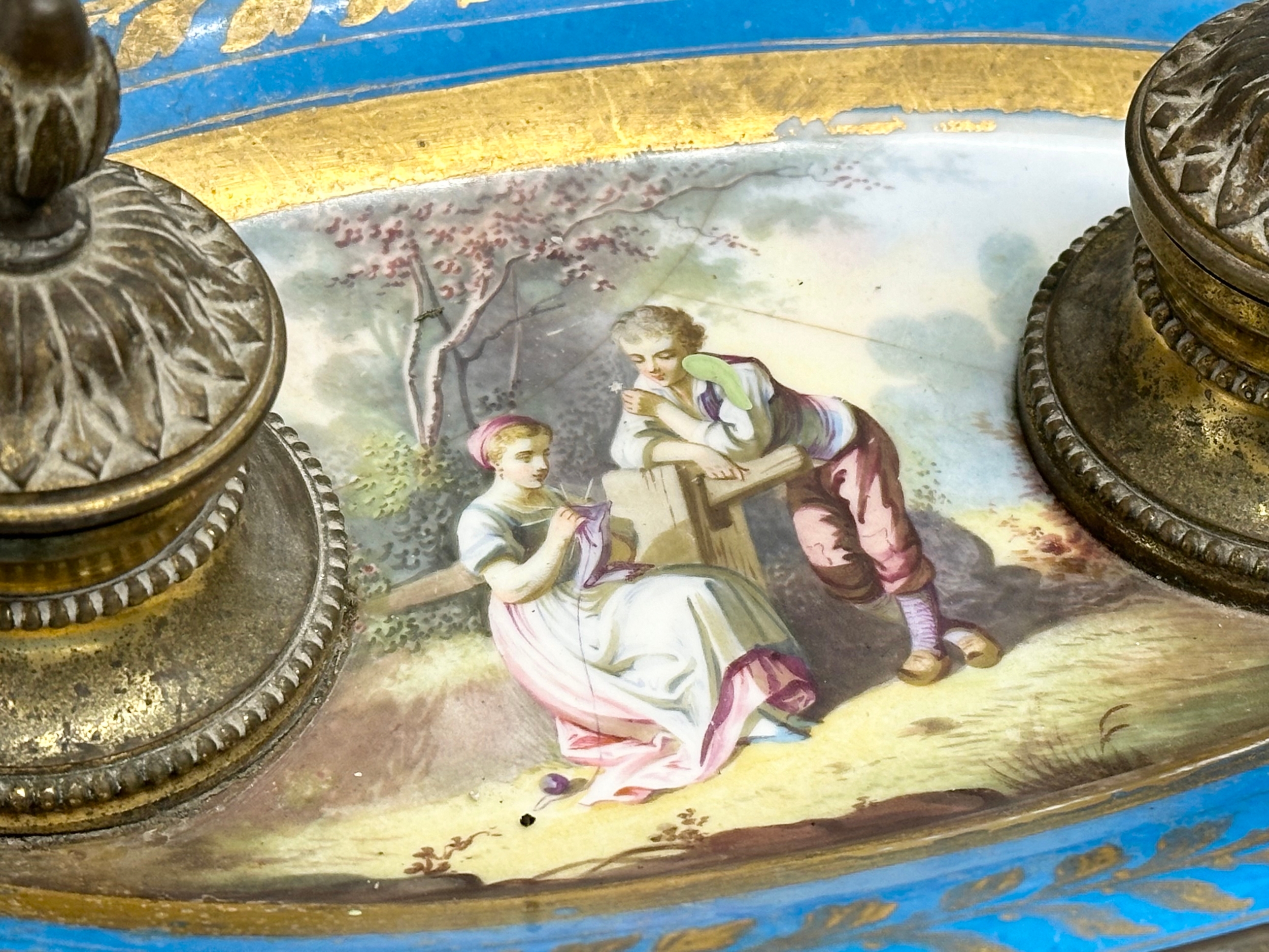 A late 19th century French ornate brass framed inkwell stand with hand painted porcelain bowl. - Image 7 of 12