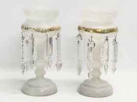A pair of Victorian Milk Glass lustres with cut glass droplets. 16x30cm