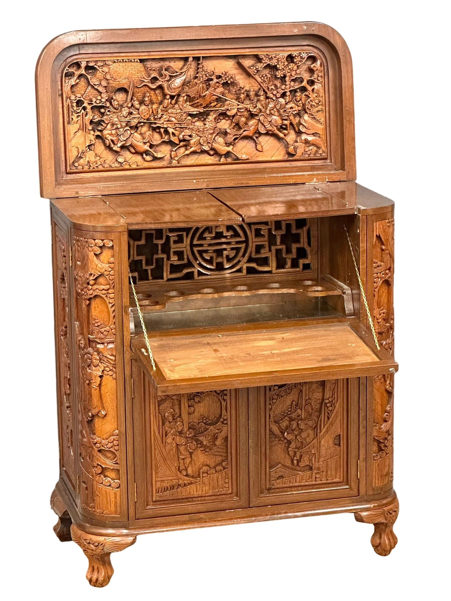 A vintage Chinese style carved teak folding cocktail bar. Closed 91x48x107cm - Image 13 of 14