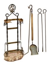 A large late 19th century French Arts & Crafts wrought iron and copper companion set with marble