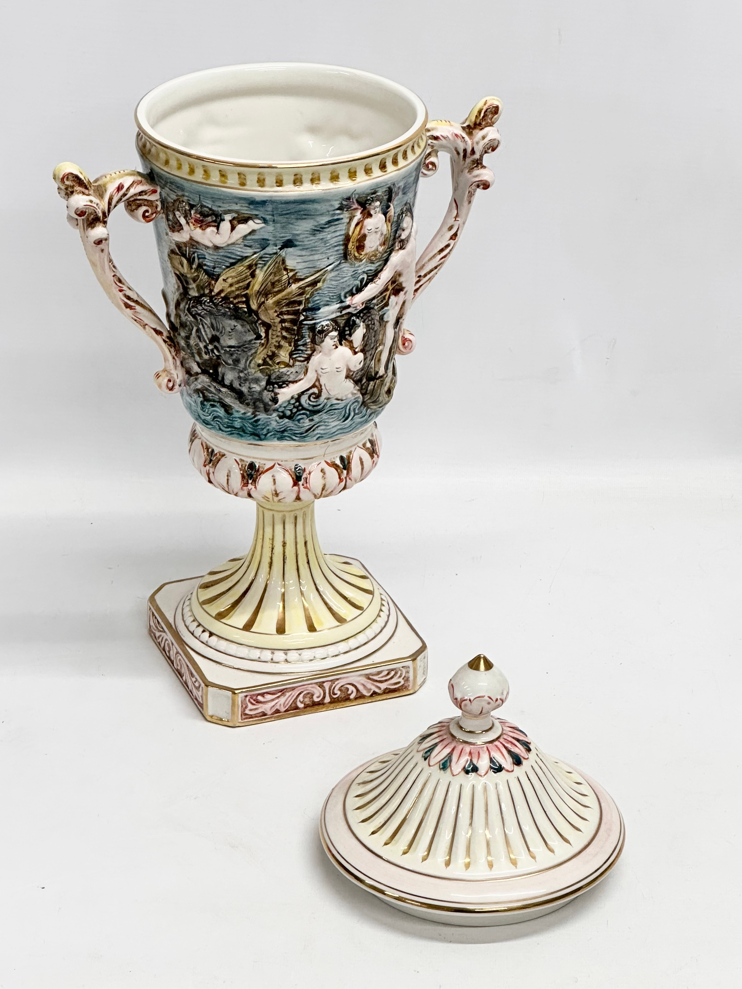 A large R. Capodimonte 2 handled urn with lid. 25x46cm - Image 7 of 8