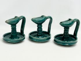 A set of 3 vintage Moroccan glazed stoneware oil lamps. 17x17x18cm