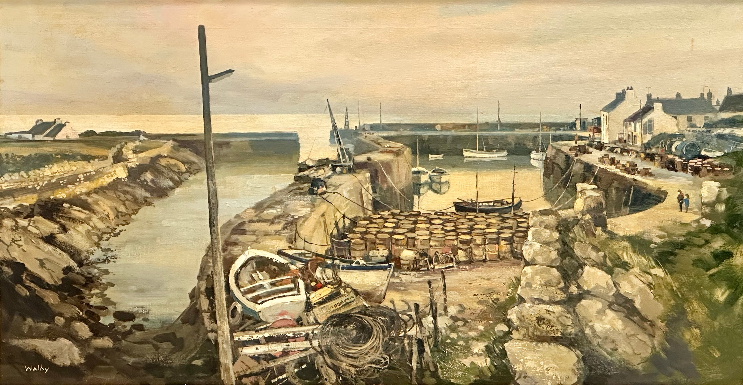 A large oil painting on canvas by Gerald Walby. Northern Irish Harbour. 75x40cm. Frame 85x49.5cm - Image 2 of 3