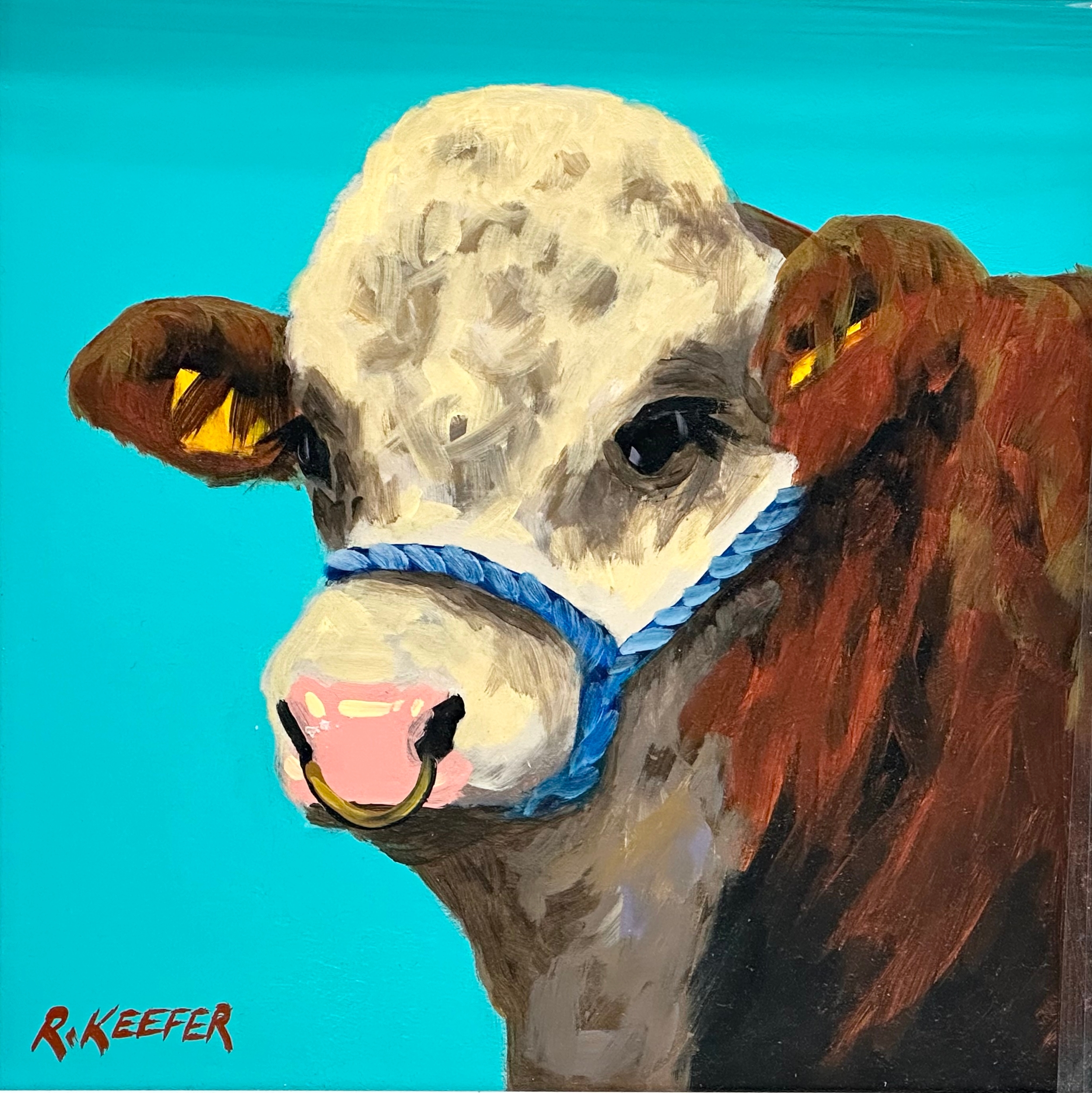 An oil painting on board by Ron Keefer. Turquoise Bull. 29.5x29.5cm. Frame 46x46cm - Image 2 of 4