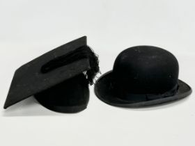 A vintage bowler hat by John S. Shaw & Son LTD, Belfast and a Mortar Board hat.