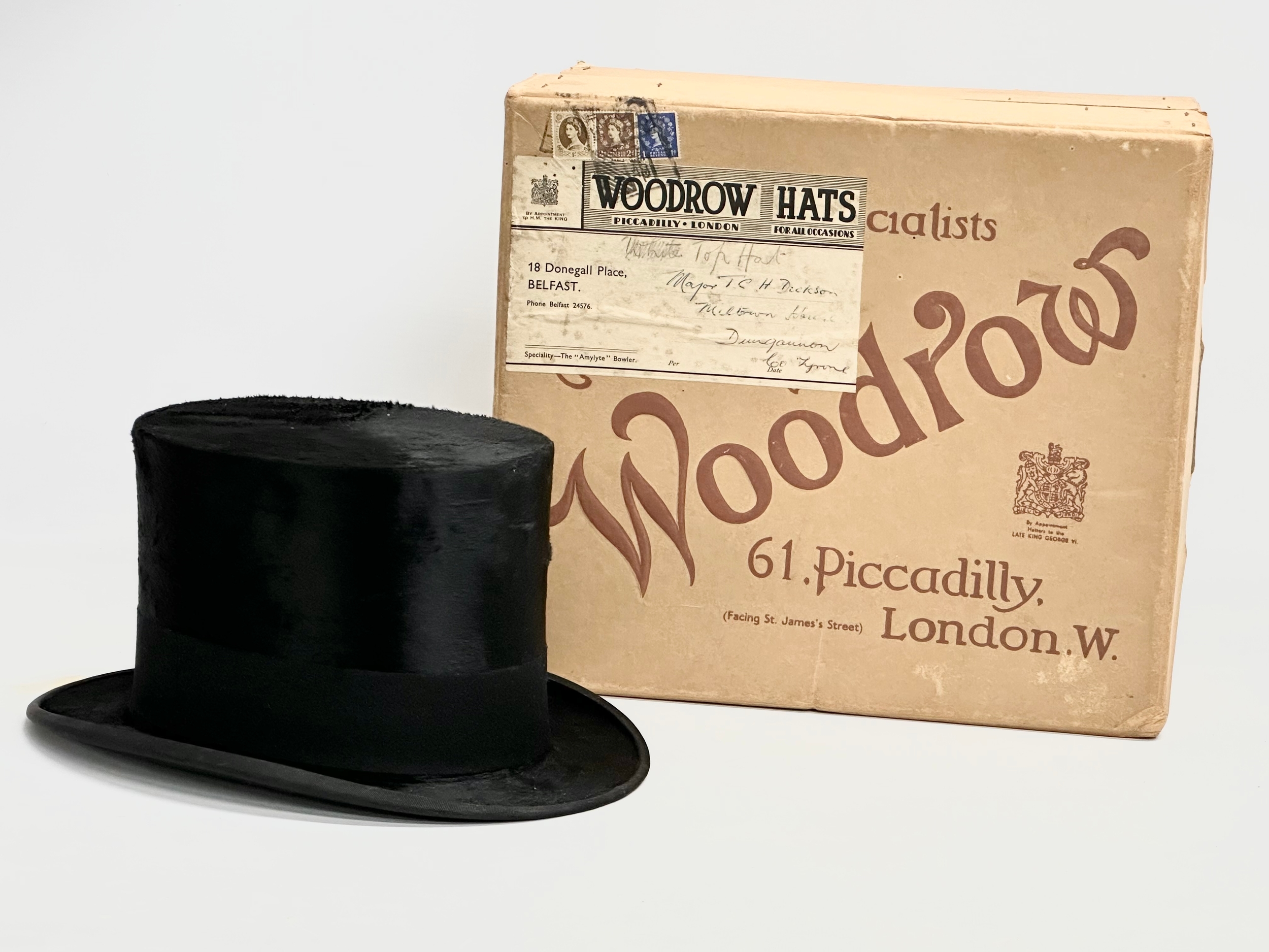 Major Tom C..H. Dickson. A Woodrow top hat with original box. Purchased by Major Tom Dickson in