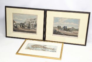 A pair of large 19th century coaching prints with a print of Old Venice.