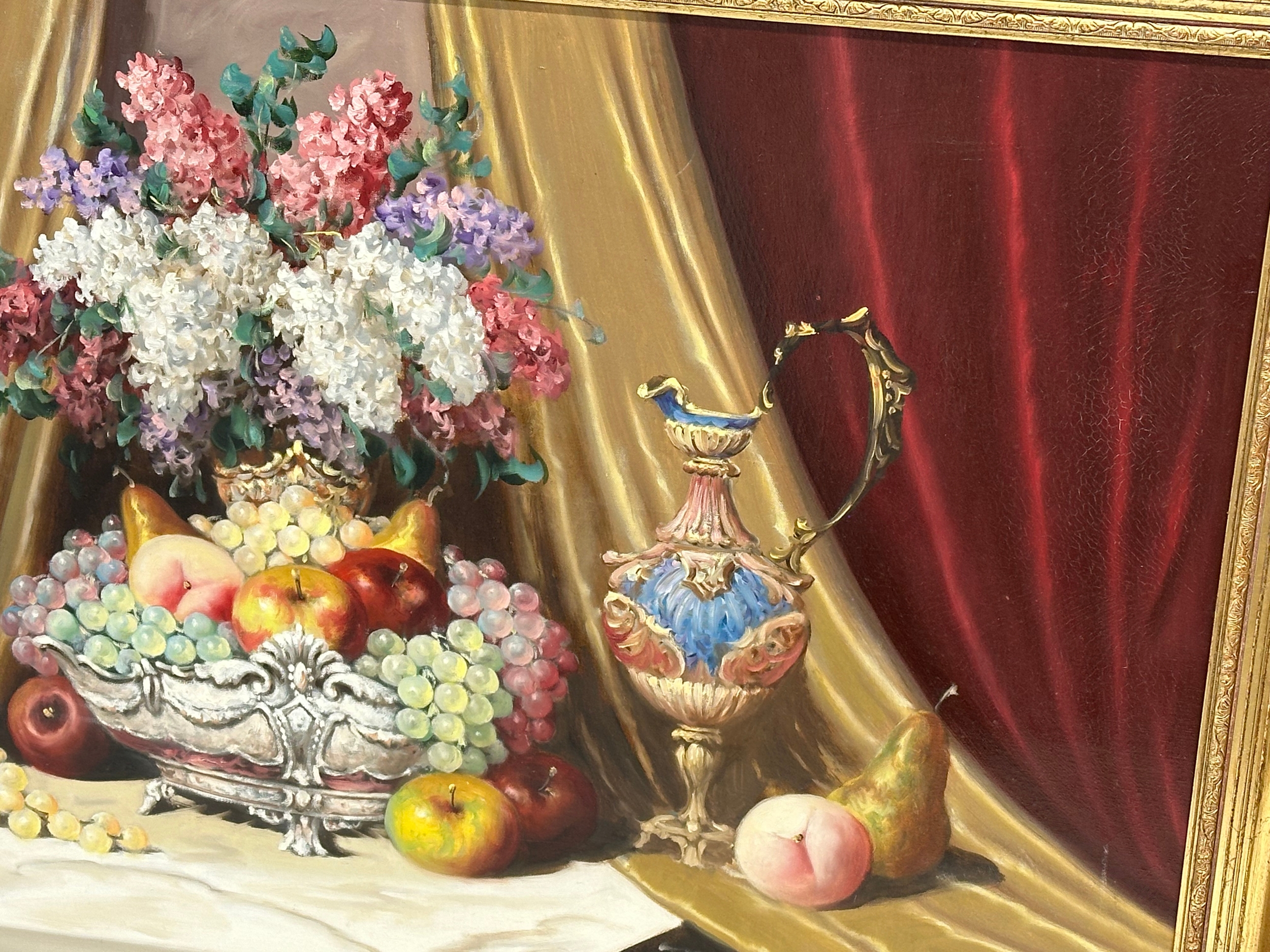 A large Still Life oil painting on canvas by Bela Balogh. 91x60cm. Frame 106x75cm - Image 4 of 7