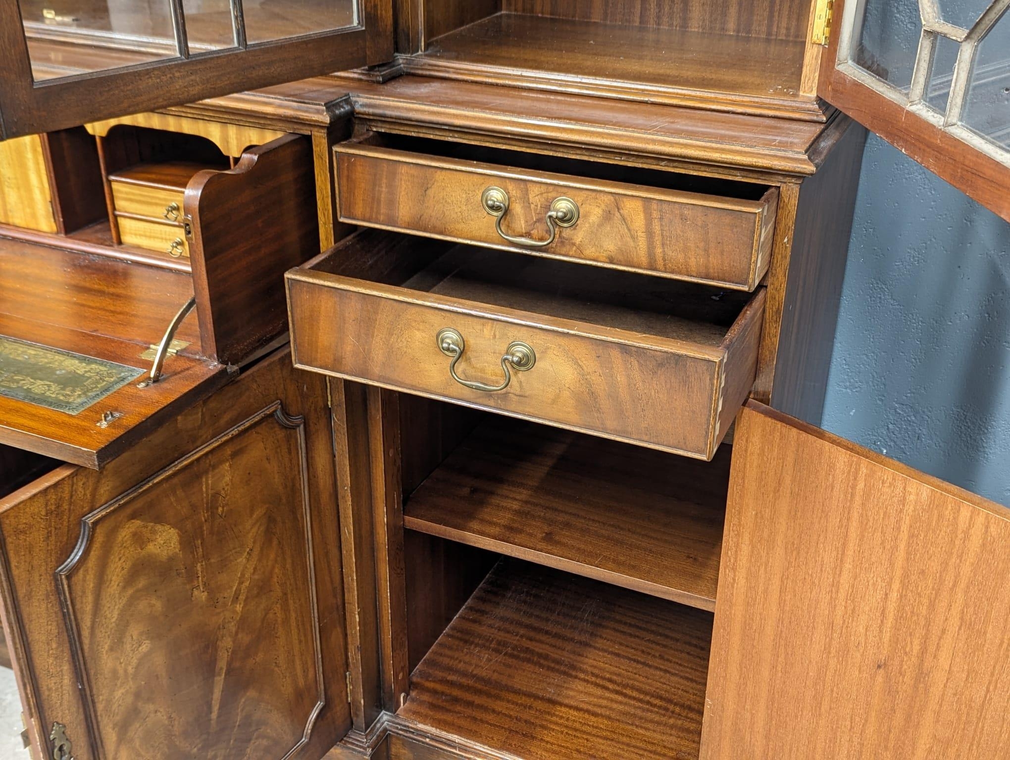 A large Georgian style mahogany secretaire breakfront bookcase with astragal glazed doors and - Image 6 of 10