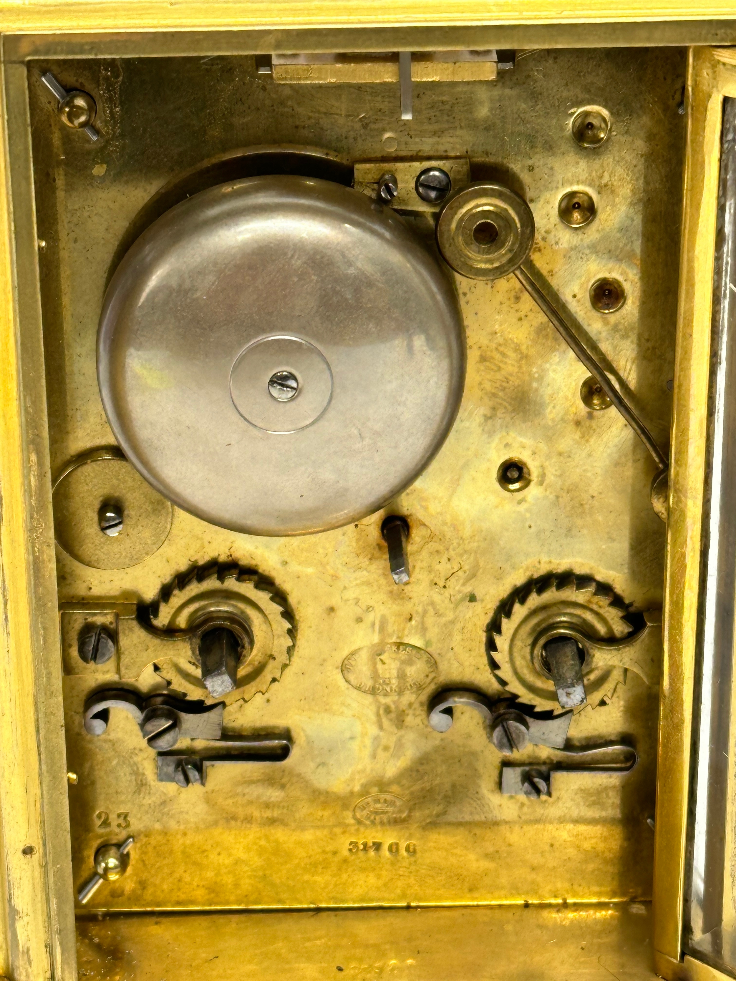 A rare mid 19th century Henry Marc brass Time Repeater Carriage Clock with 4 bevelled glass panels - Image 5 of 6