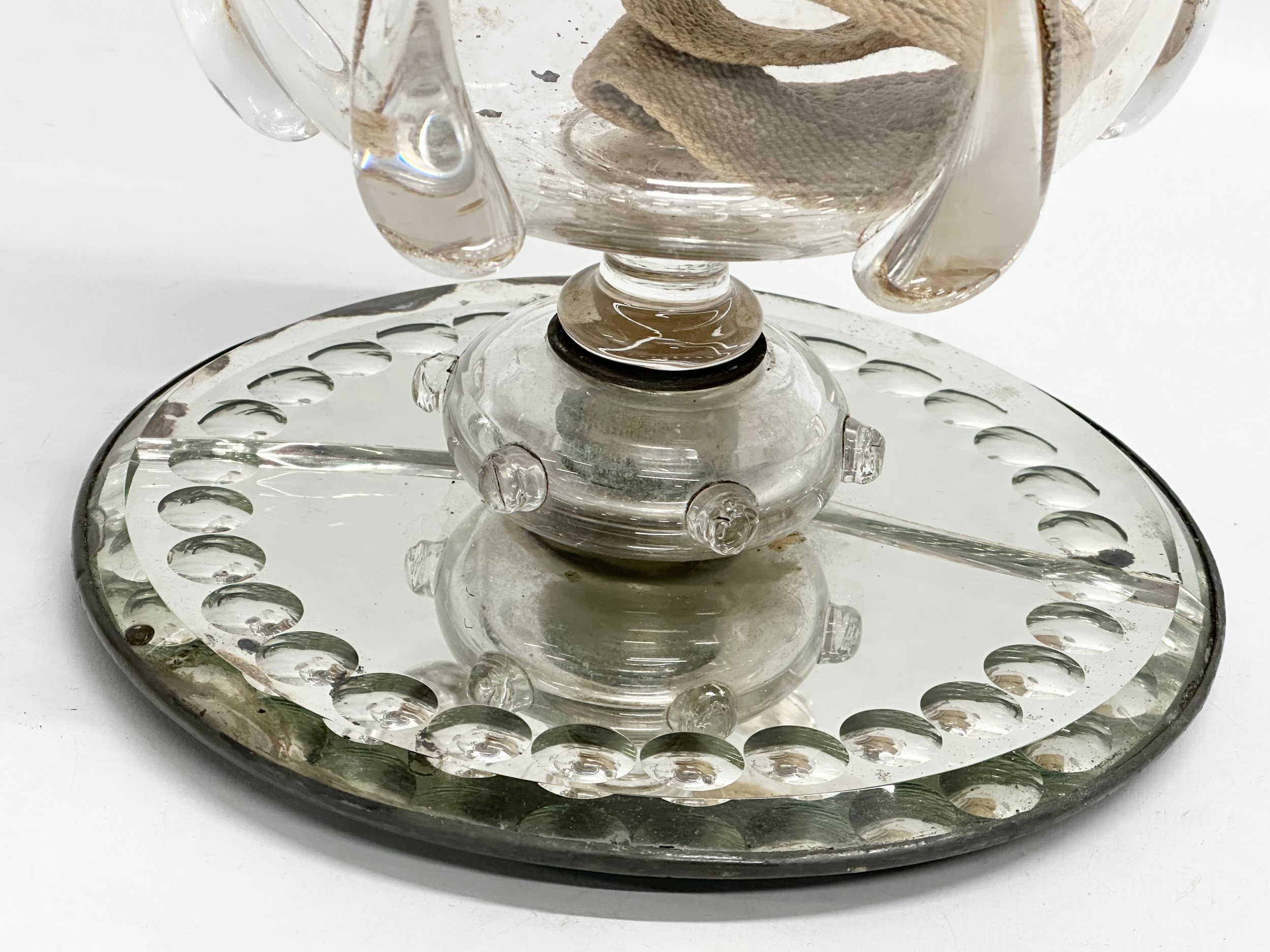 A Victorian hand blown glass bowl oil lamp on sorcerers mirror base. 20x49cm - Image 4 of 8