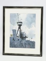 A large watercolour drawing of H.M.S Caroline, in Belfast Docks. 45x60cm. Frame measures 69x85.5cm