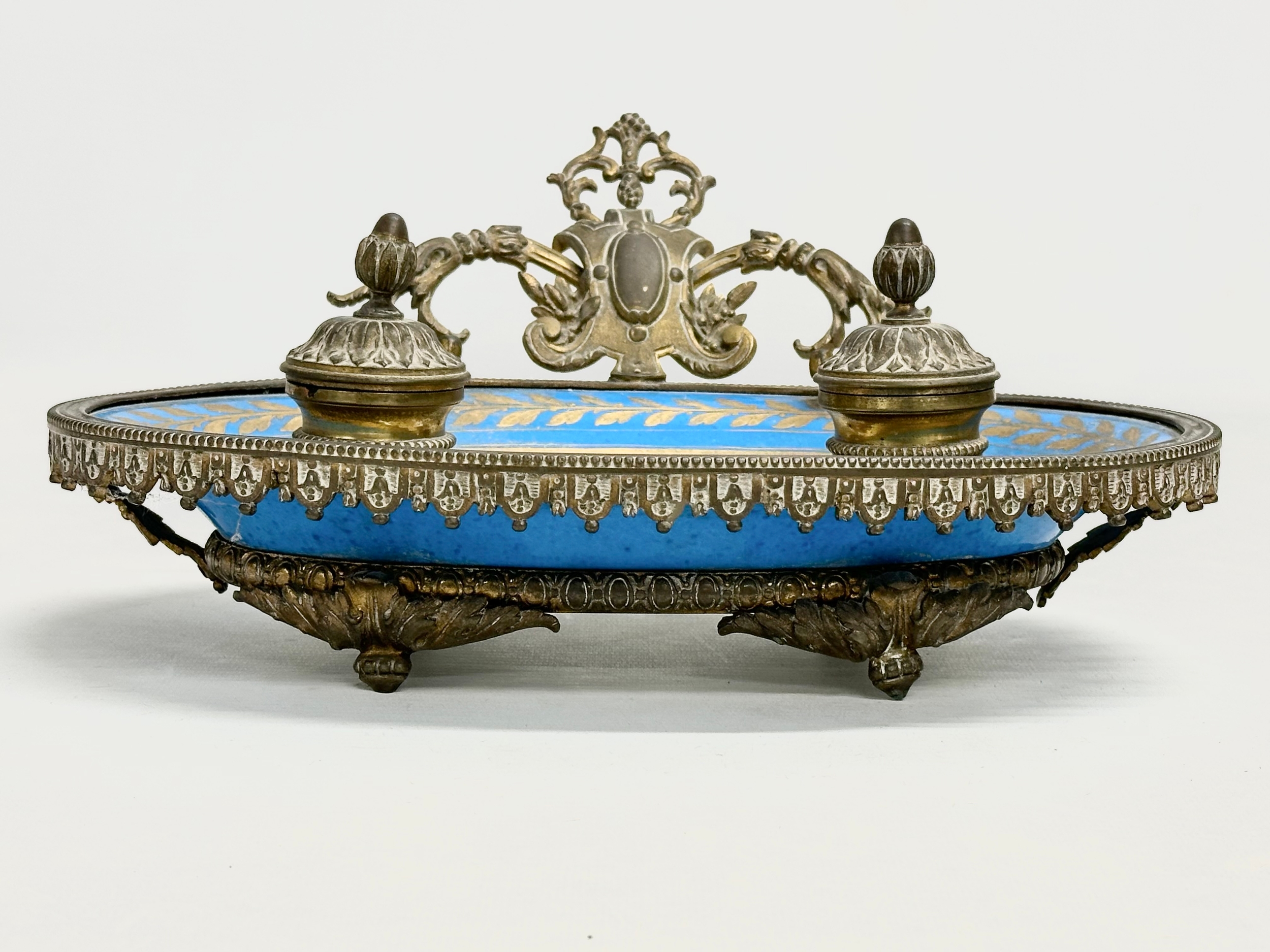 A late 19th century French ornate brass framed inkwell stand with hand painted porcelain bowl. - Image 3 of 12