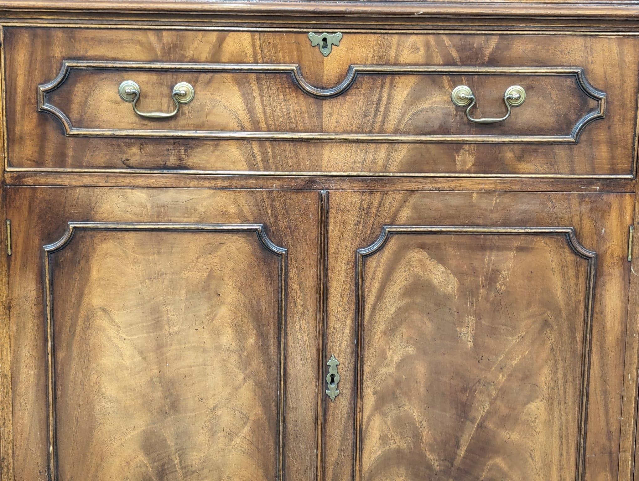 A large Georgian style mahogany secretaire breakfront bookcase with astragal glazed doors and - Image 3 of 10