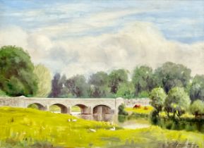 A large oil painting on canvas by J. Edmund Wilson. River Through the Fields. 60x44.5cm. Frame