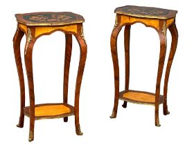 A pair of large early 20th century French Louis XV Revival inlaid Kingwood Etagere stands.