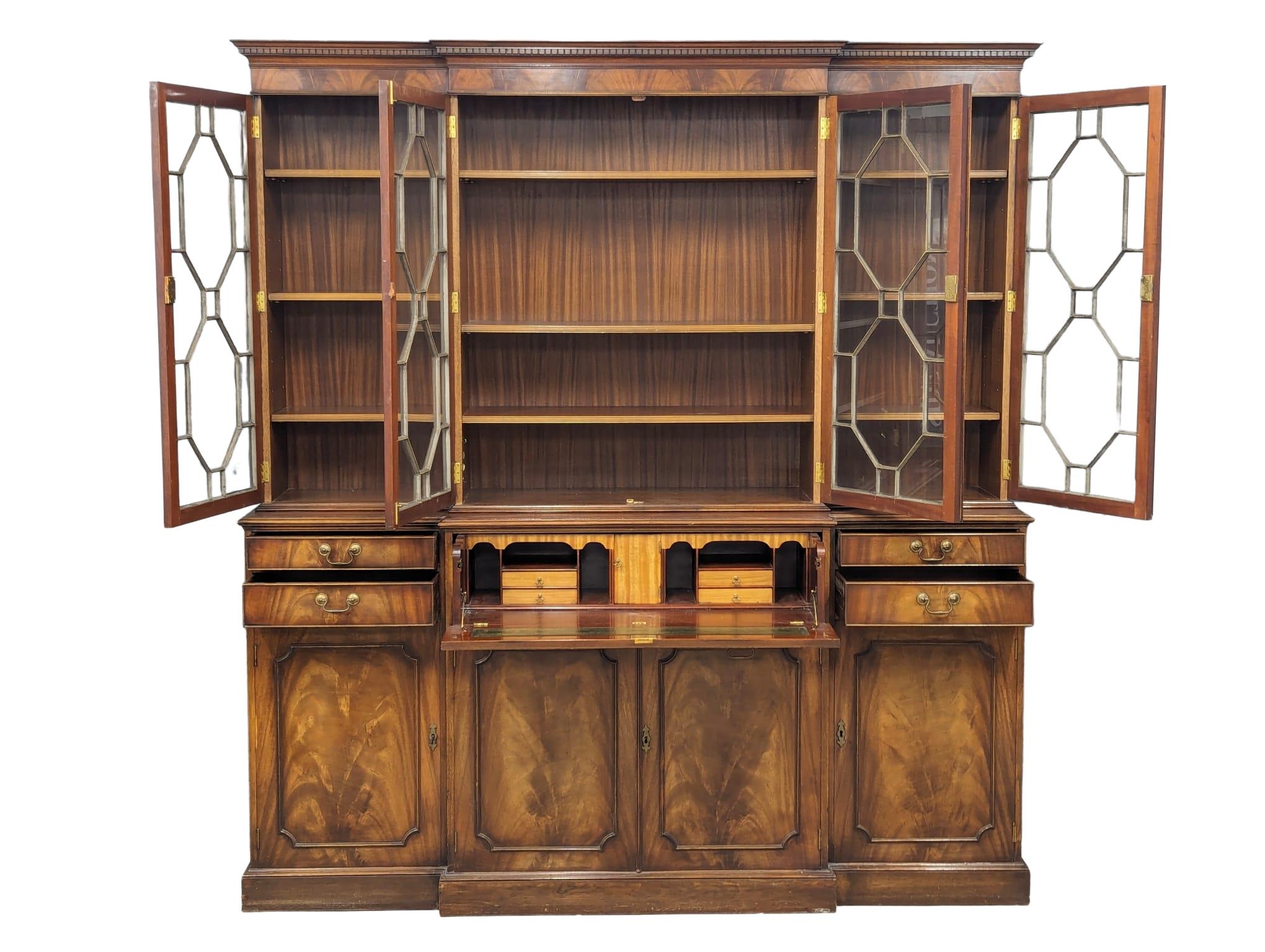 A large Georgian style mahogany secretaire breakfront bookcase with astragal glazed doors and - Image 10 of 10