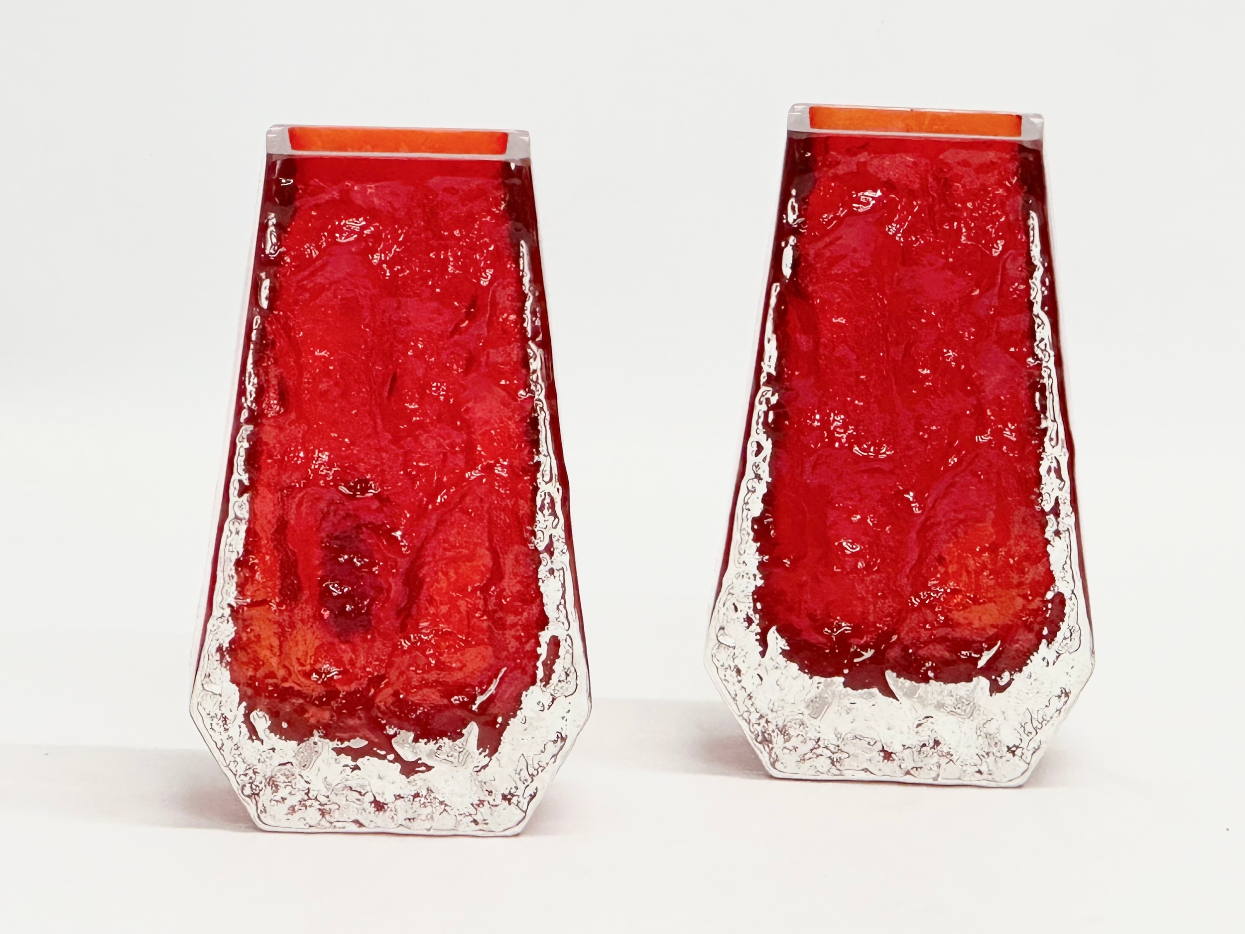 A pair of Textured Bark ‘Coffin’ vases designed by Geoffrey Baxter for Whitefriars. 8x5x13cm