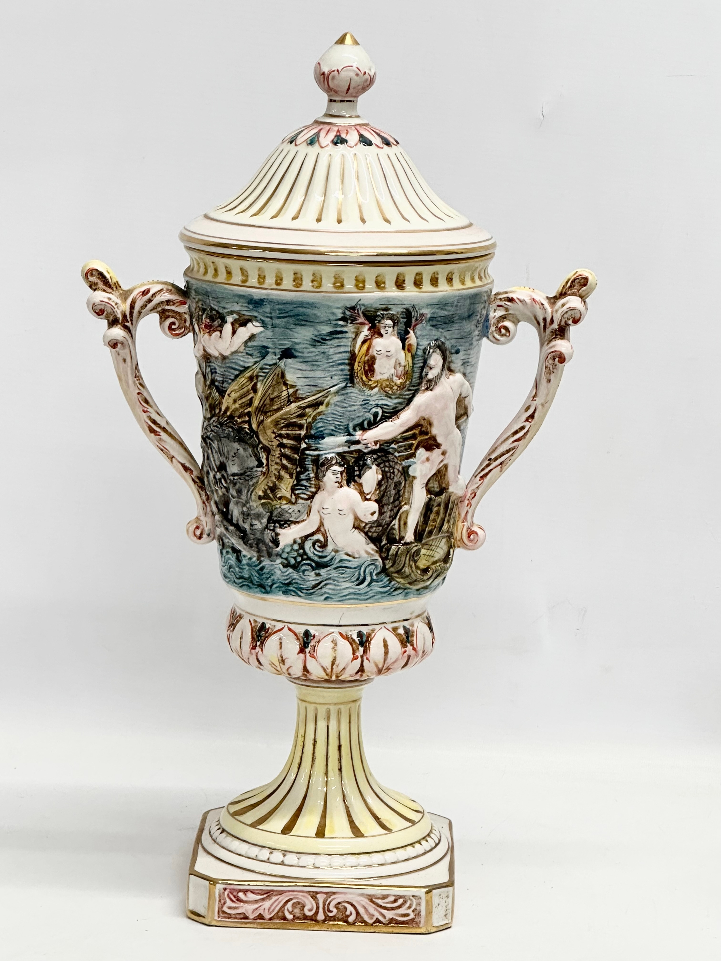 A large R. Capodimonte 2 handled urn with lid. 25x46cm - Image 5 of 8