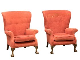 A pair of good quality Chippendale Revival Country House wingback armchairs on Ball & Claw feet.