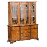 A large mid 20th century George III style Burr Elm display cabinet/dresser with 4 Astragal Glazed
