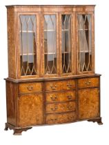 A large mid 20th century George III style Burr Elm display cabinet/dresser with 4 Astragal Glazed