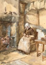 A large watercolour drawing by John. M. Macintosh (1847-1913) knitting by the Fire. 27x38cm. Frame
