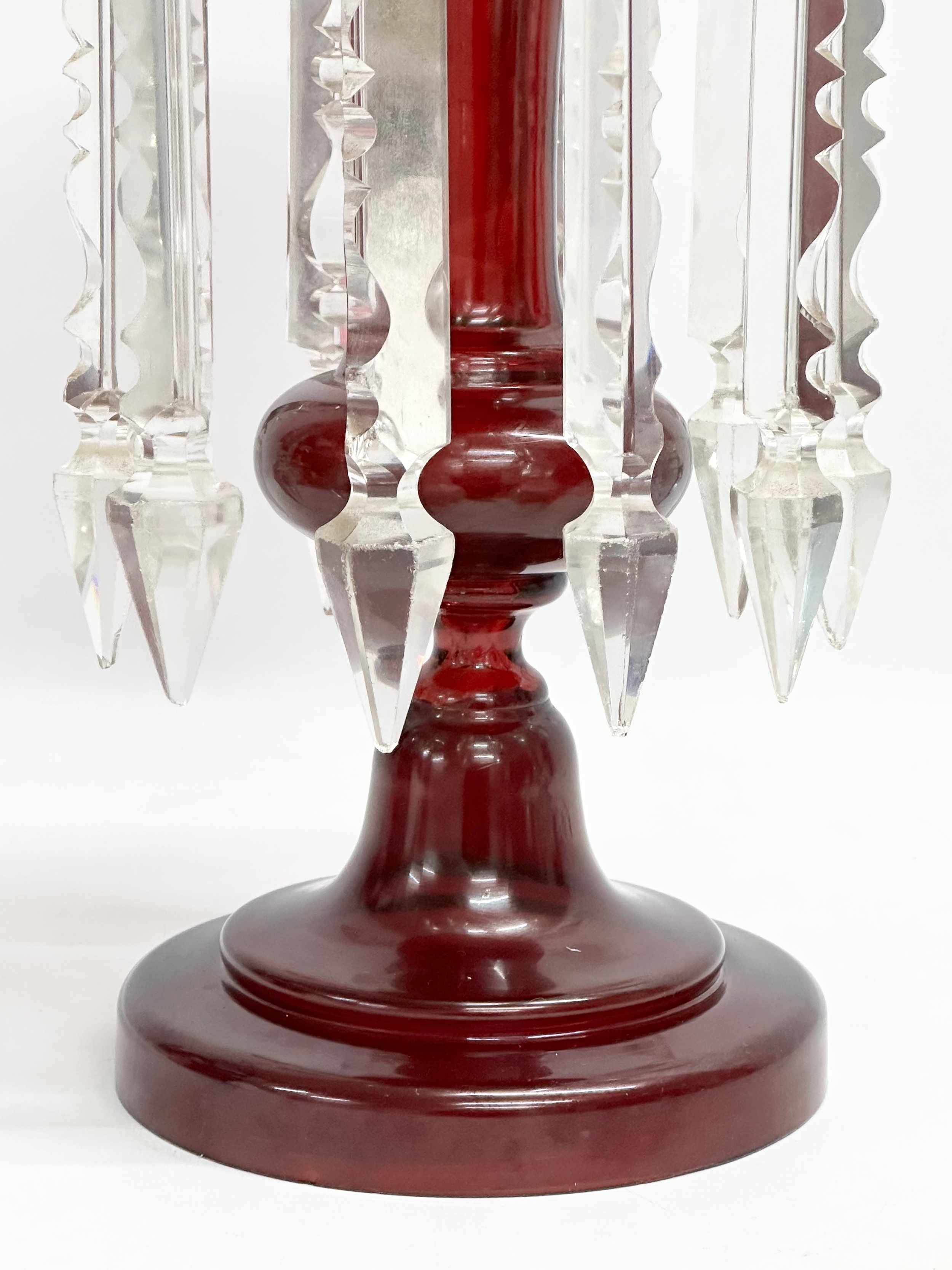 A large Victorian Ruby Glass lustre with cut glass droplets. 16x35cm - Image 4 of 4