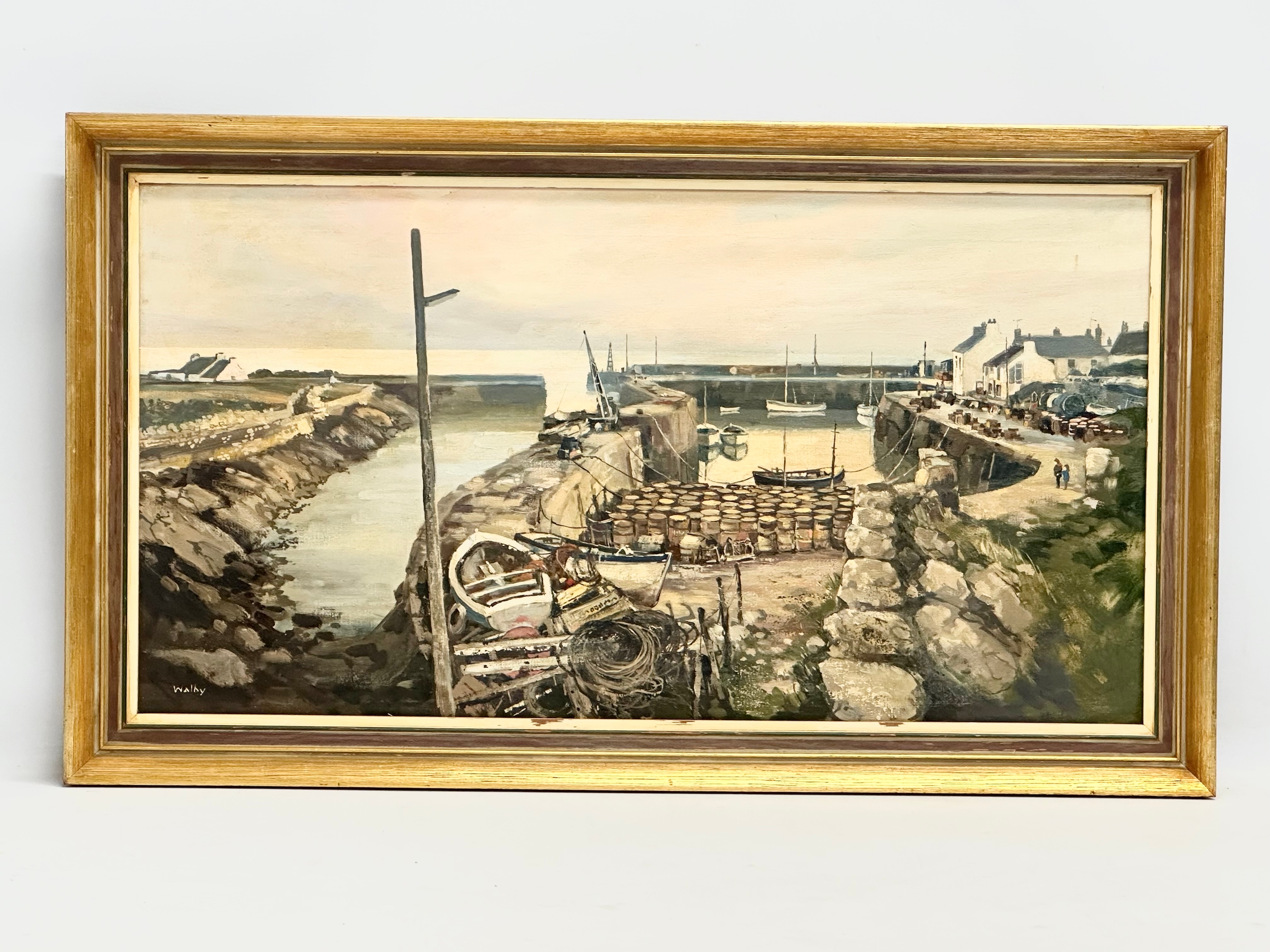 A large oil painting on canvas by Gerald Walby. Northern Irish Harbour. 75x40cm. Frame 85x49.5cm